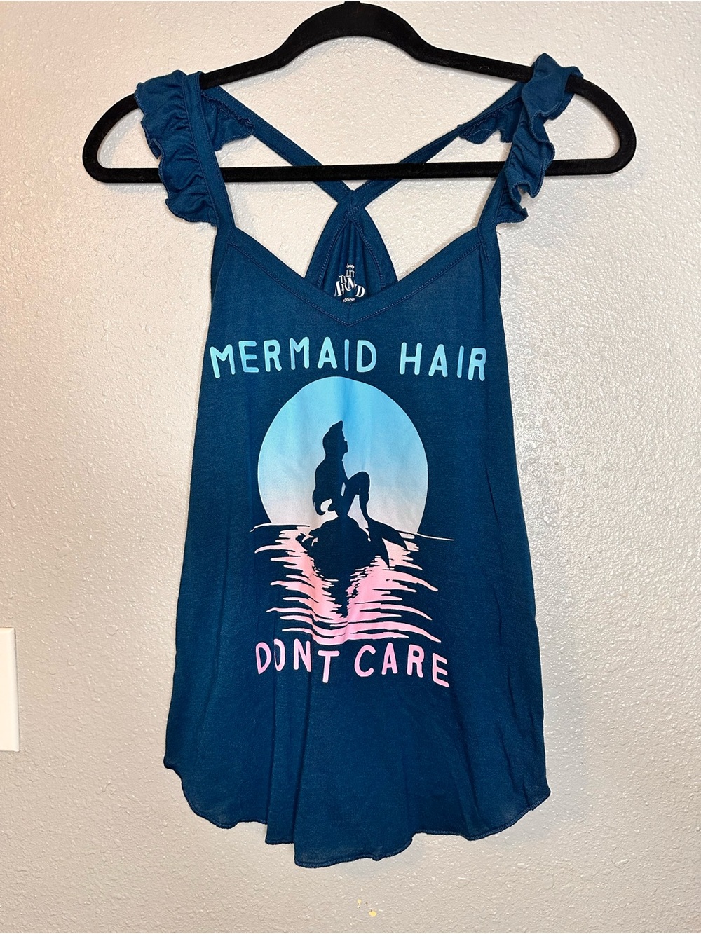 Disney Teal Blue Mermaid Graphic Ruffle Strap Tank